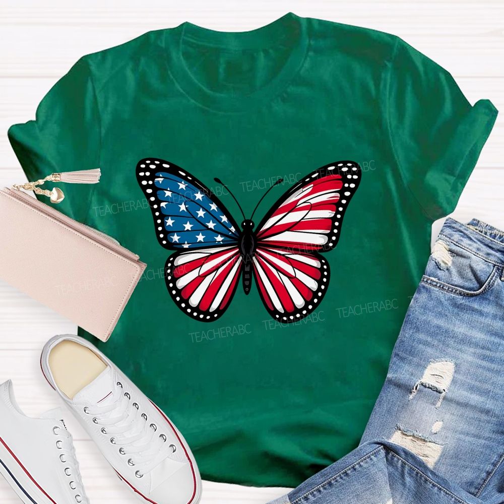 Us Flag Butterfly Teacher T-Shirt