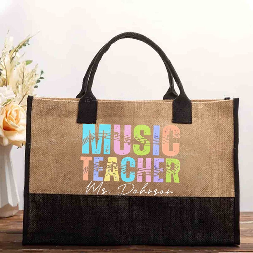 Personalized Name Music Teacher Musical Notes Colorful Letters  Cotton Tote Bag