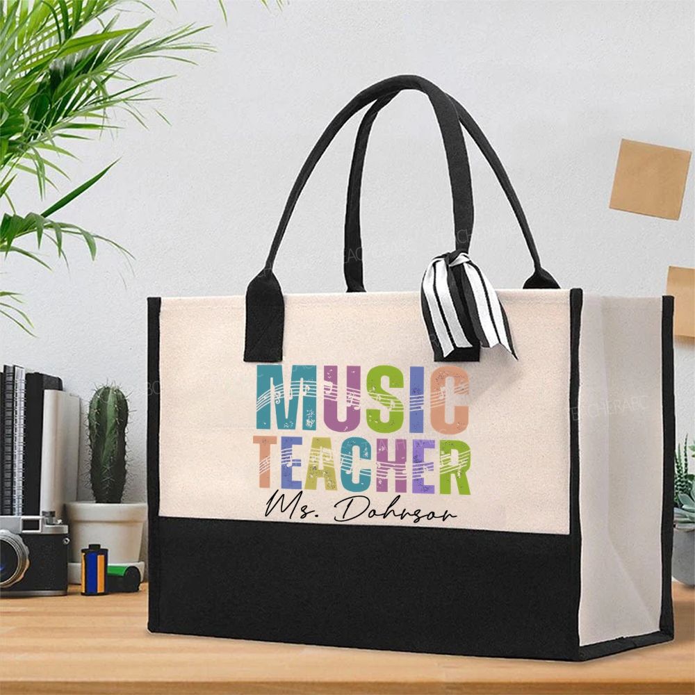 Personalized Name Music Teacher Musical Notes Colorful Letters  Cotton Tote Bag