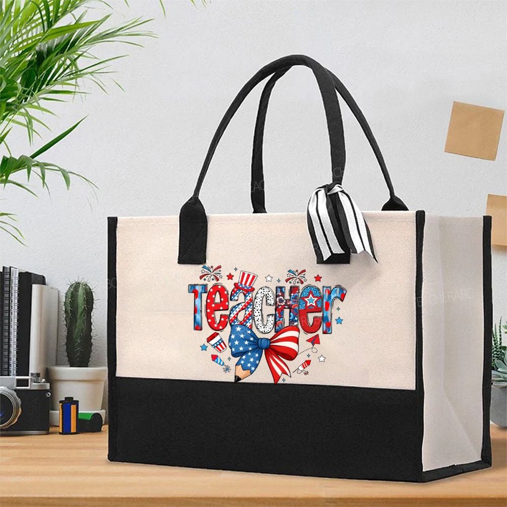 Teacher Independence Day Star Letters  Cotton Tote Bag