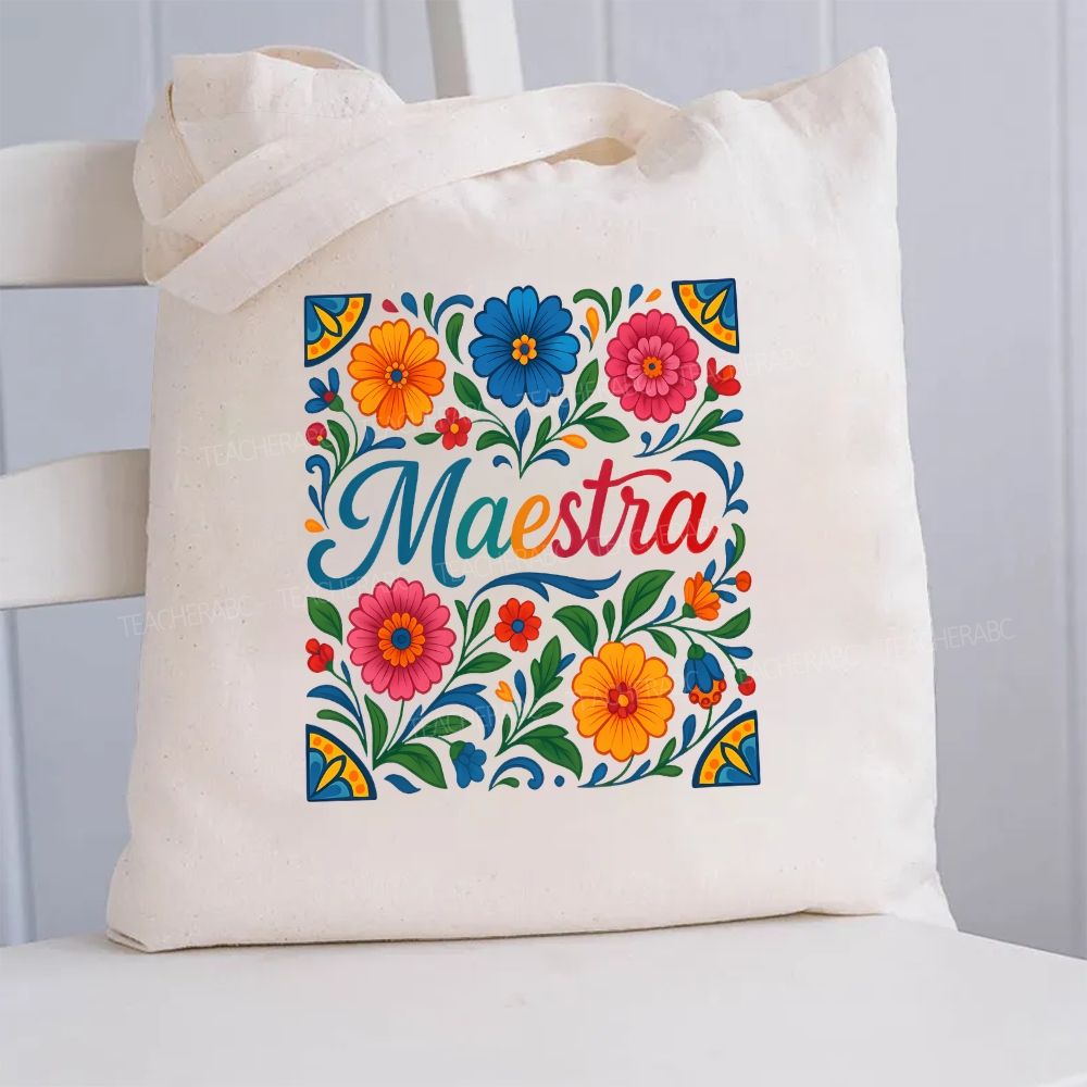 Maestra Flowers Bilingual Teacher Canvas Tote Bag