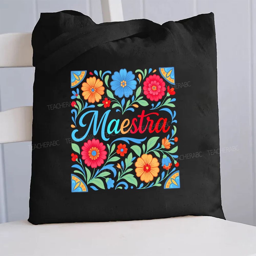 Maestra Flowers Bilingual Teacher Canvas Tote Bag