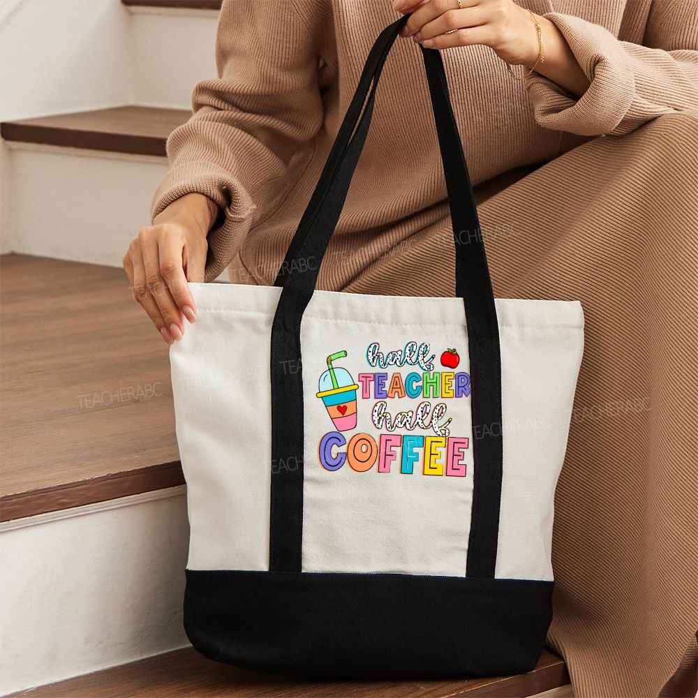 Half Teacher  Half Coffee   Color-blocked Canvas Bag