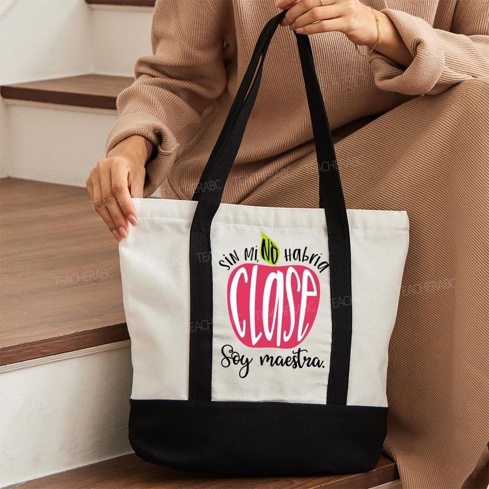 Sin Mi No Habrá Clase Soy Maestra  Color-blocked Canvas Bag