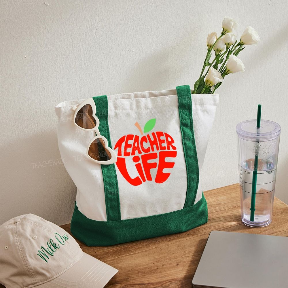 Teacher Life Apple  Color-blocked Canvas Bag
