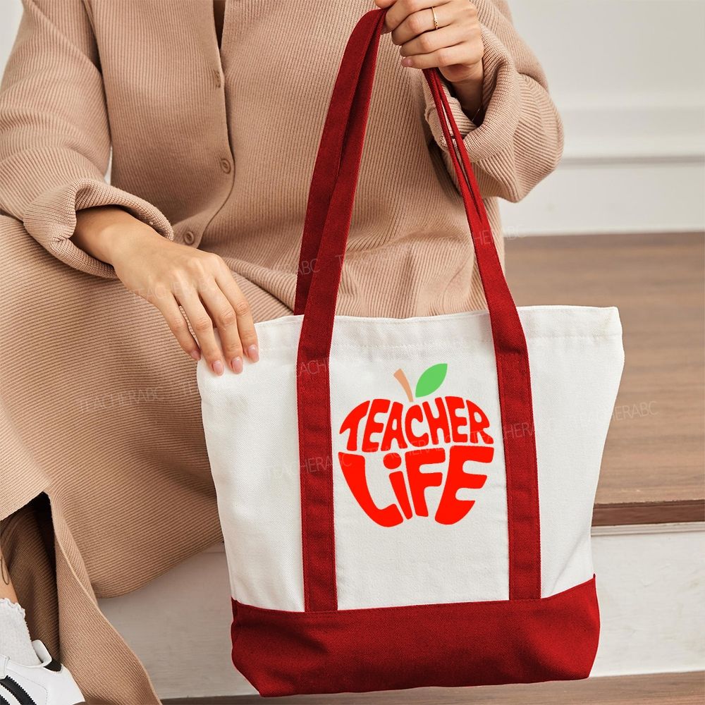 Teacher Life Apple  Color-blocked Canvas Bag