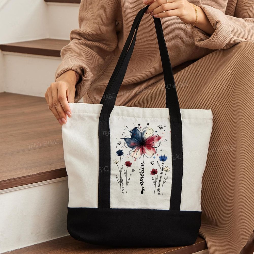 America  Flowers  Color-blocked Canvas Bag