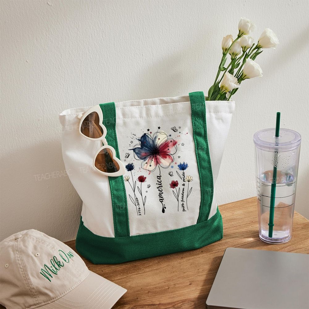 America  Flowers  Color-blocked Canvas Bag