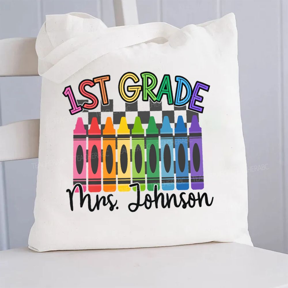 Personalized Name And Grade Colored Crayons Canvas Tote Bag