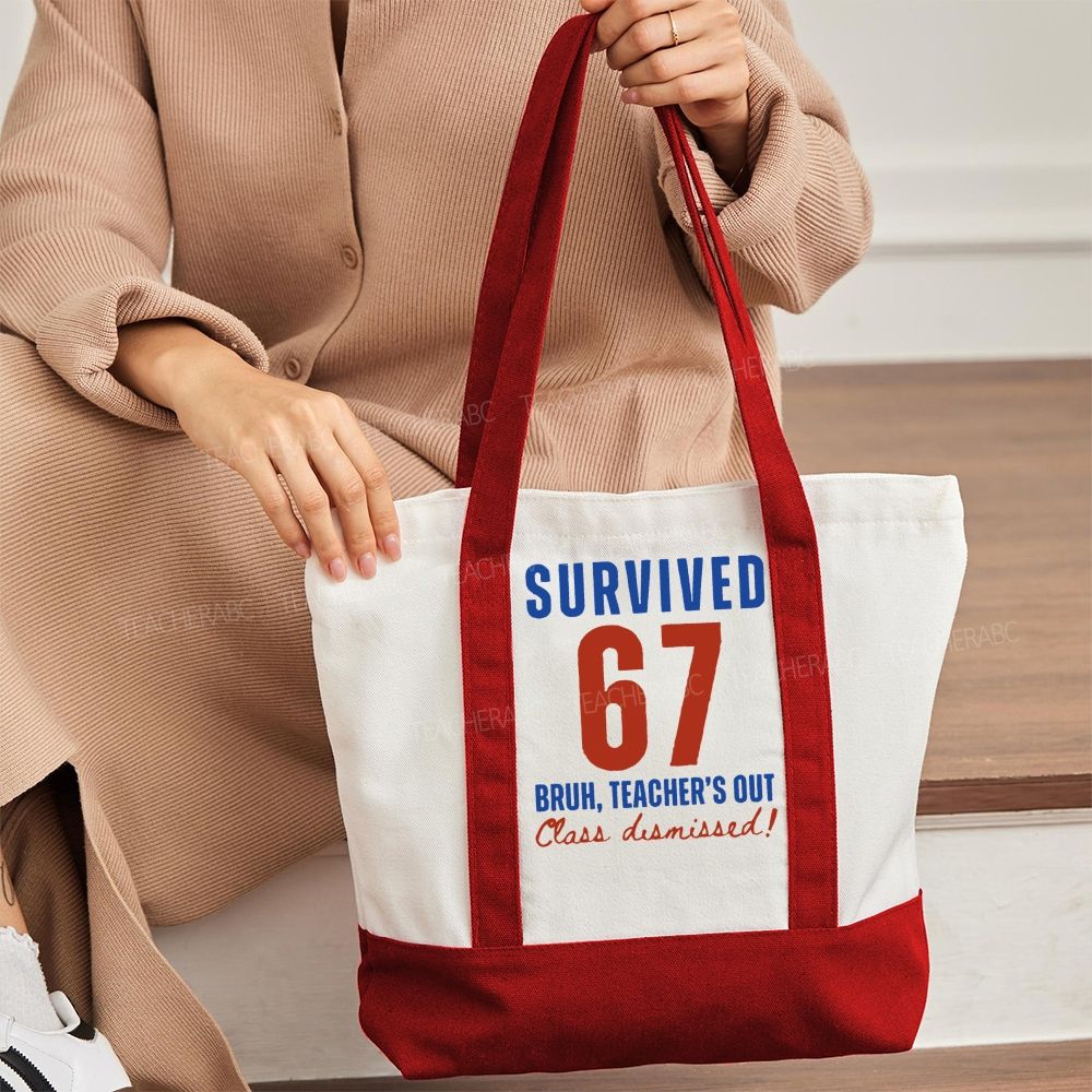 Survived 67 Bruh Teacher's Out Class Dismissed  Color-blocked Canvas Bag