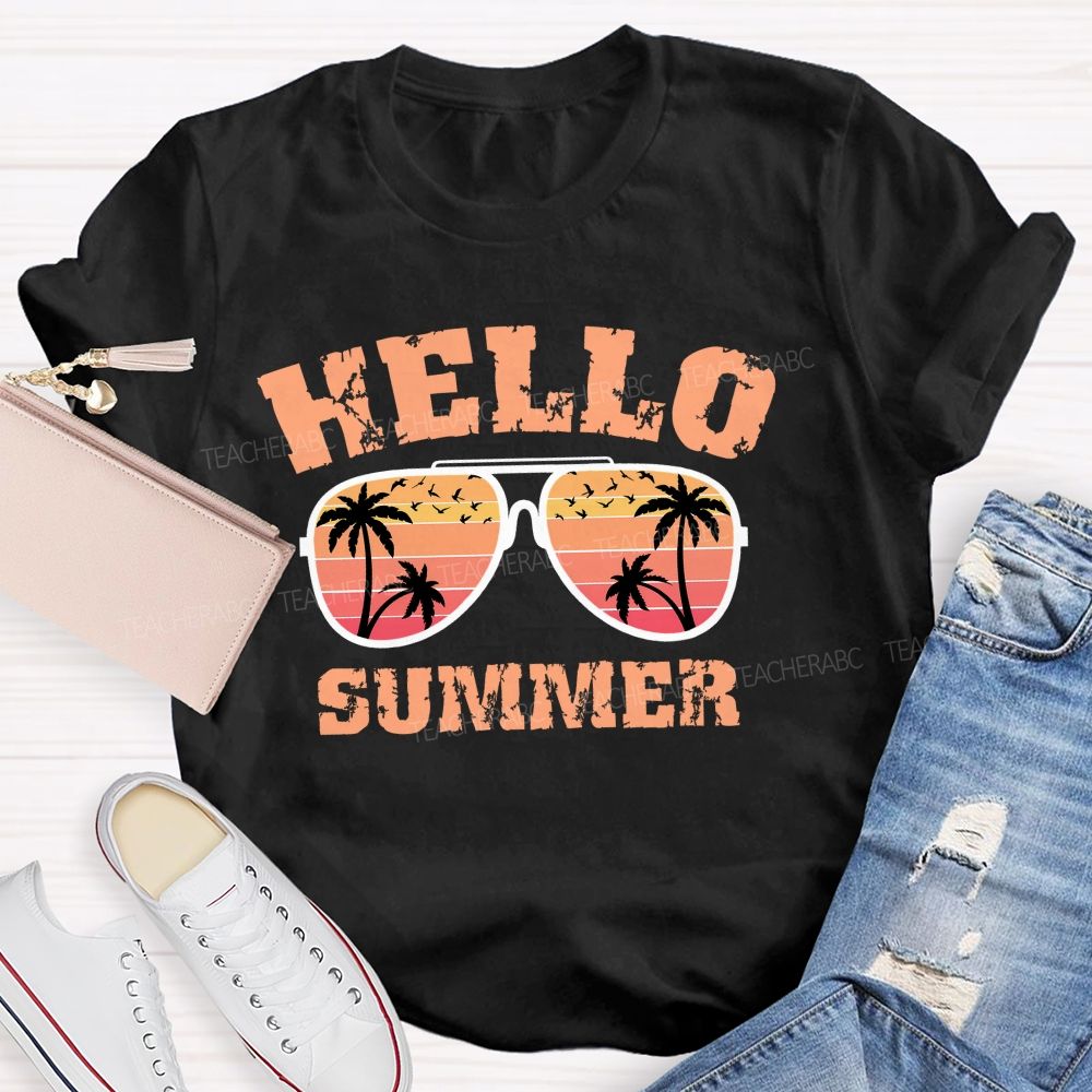 Hello Summer Sunglasses Graphics  Teacher T-shirt