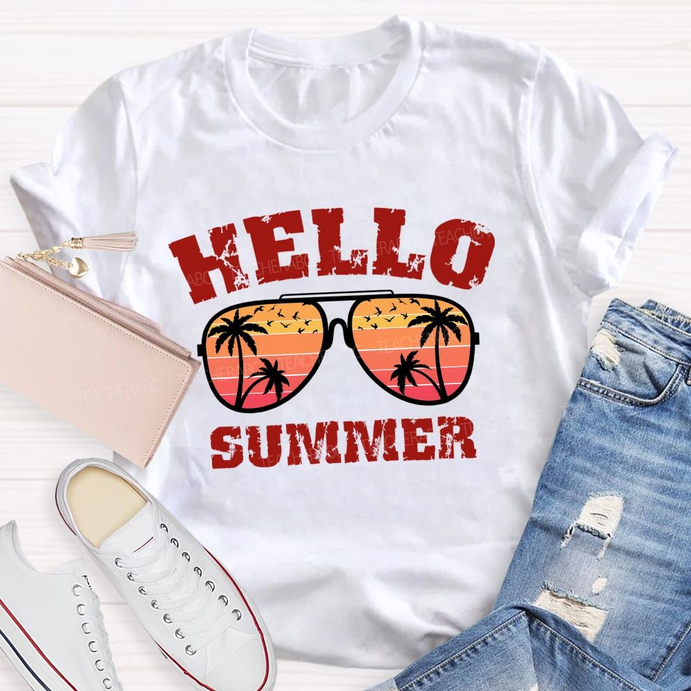 Hello Summer Sunglasses Graphics  Teacher T-shirt