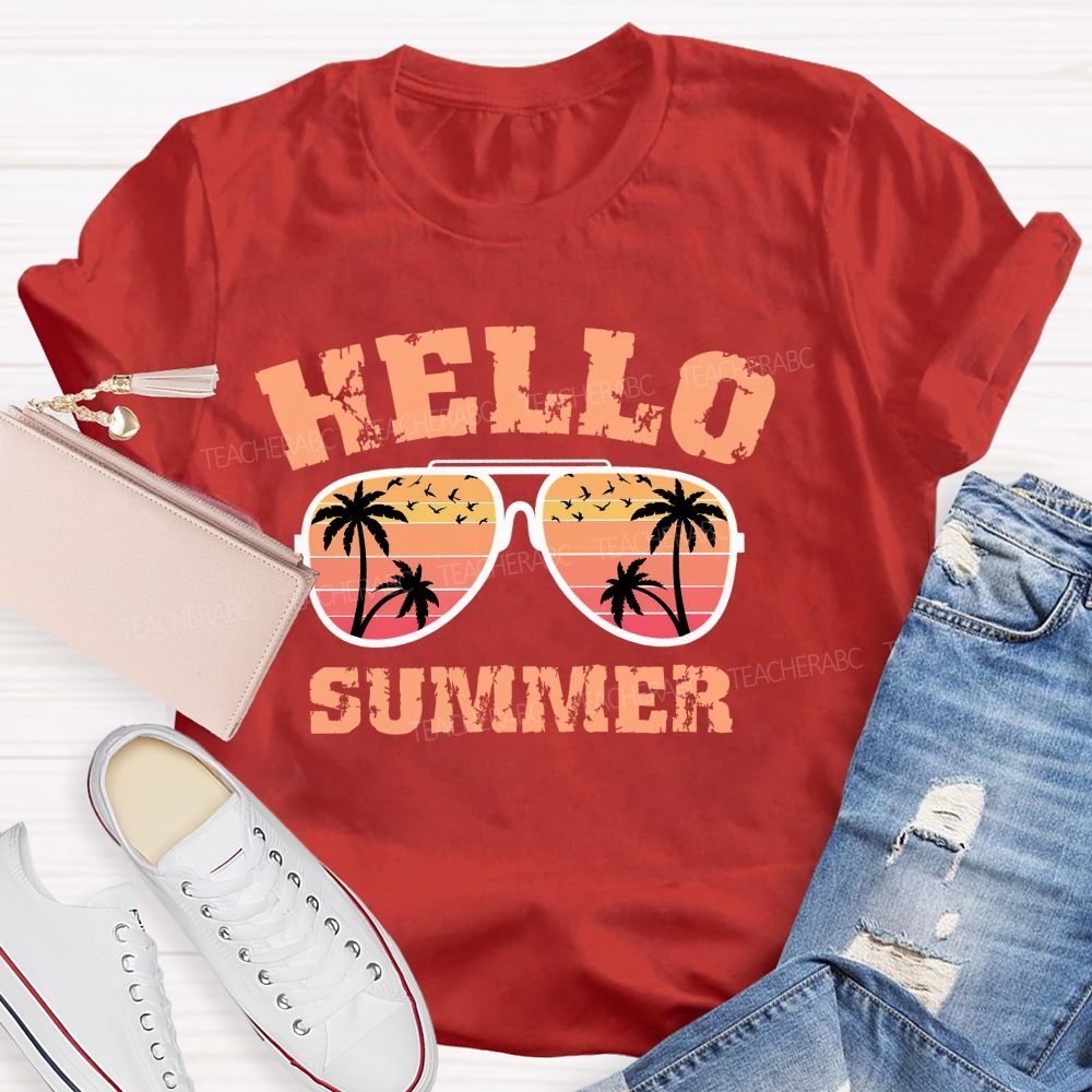 Hello Summer Sunglasses Graphics  Teacher T-shirt