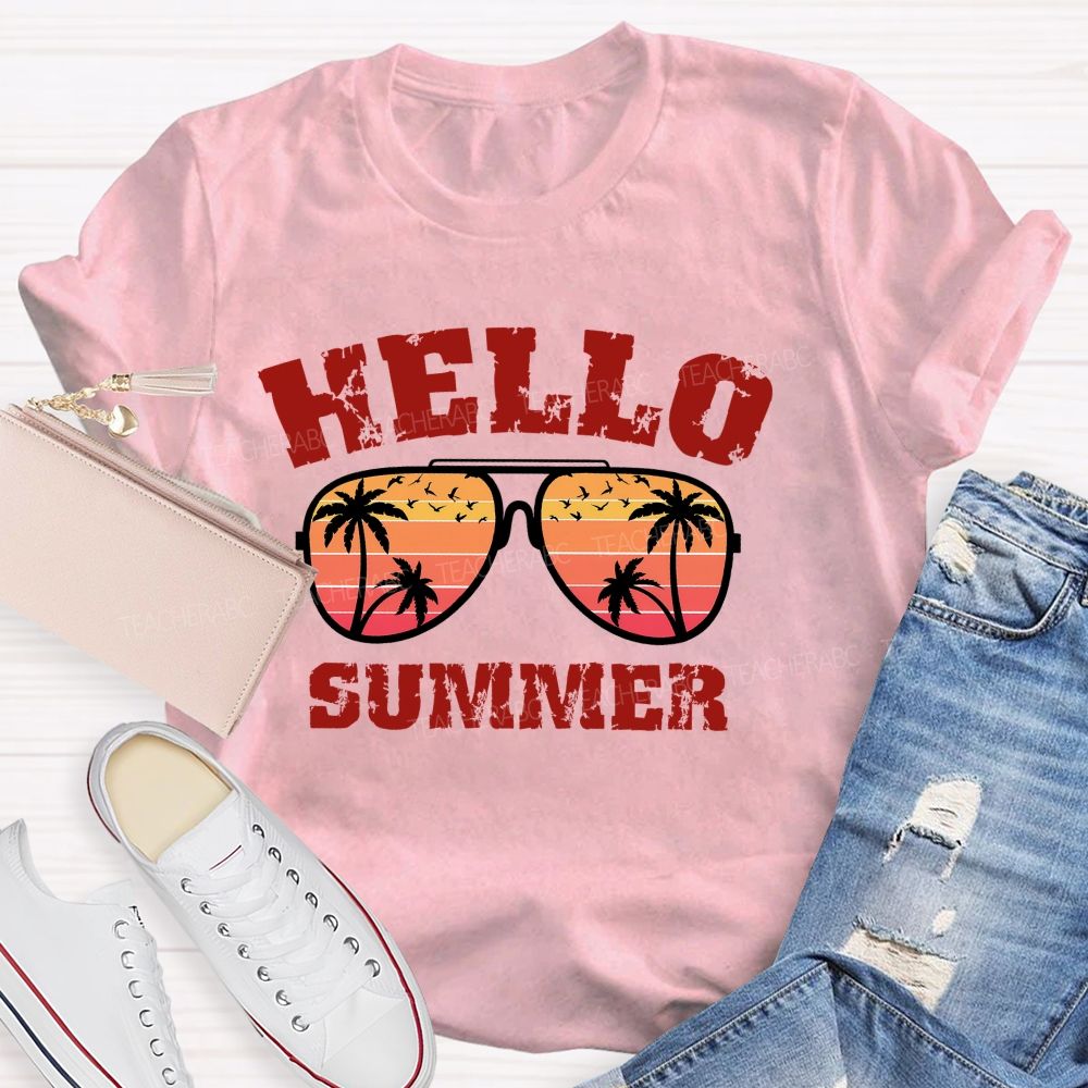 Hello Summer Sunglasses Graphics  Teacher T-shirt