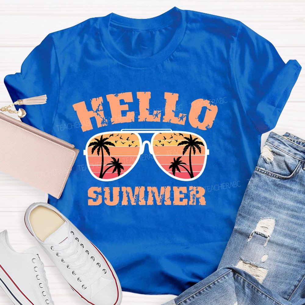 Hello Summer Sunglasses Graphics  Teacher T-shirt