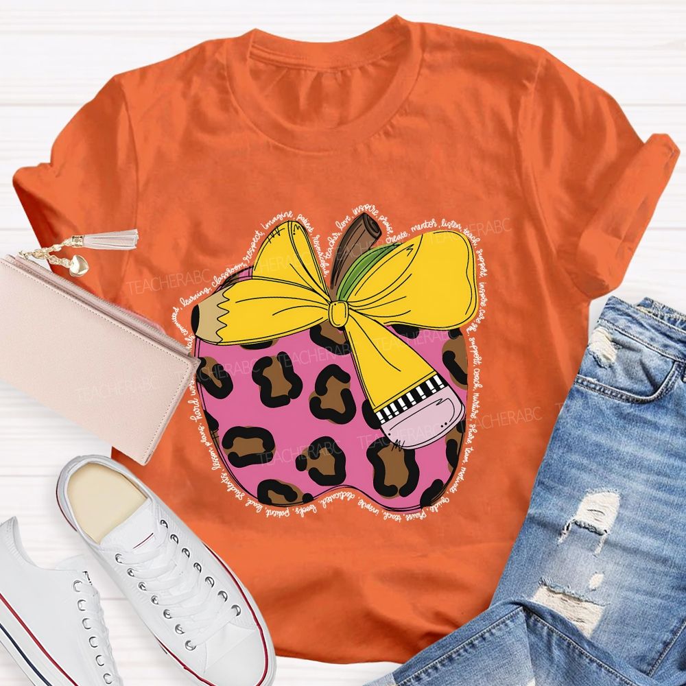Apple  Leopard Print Pattern  Teacher T-shirt