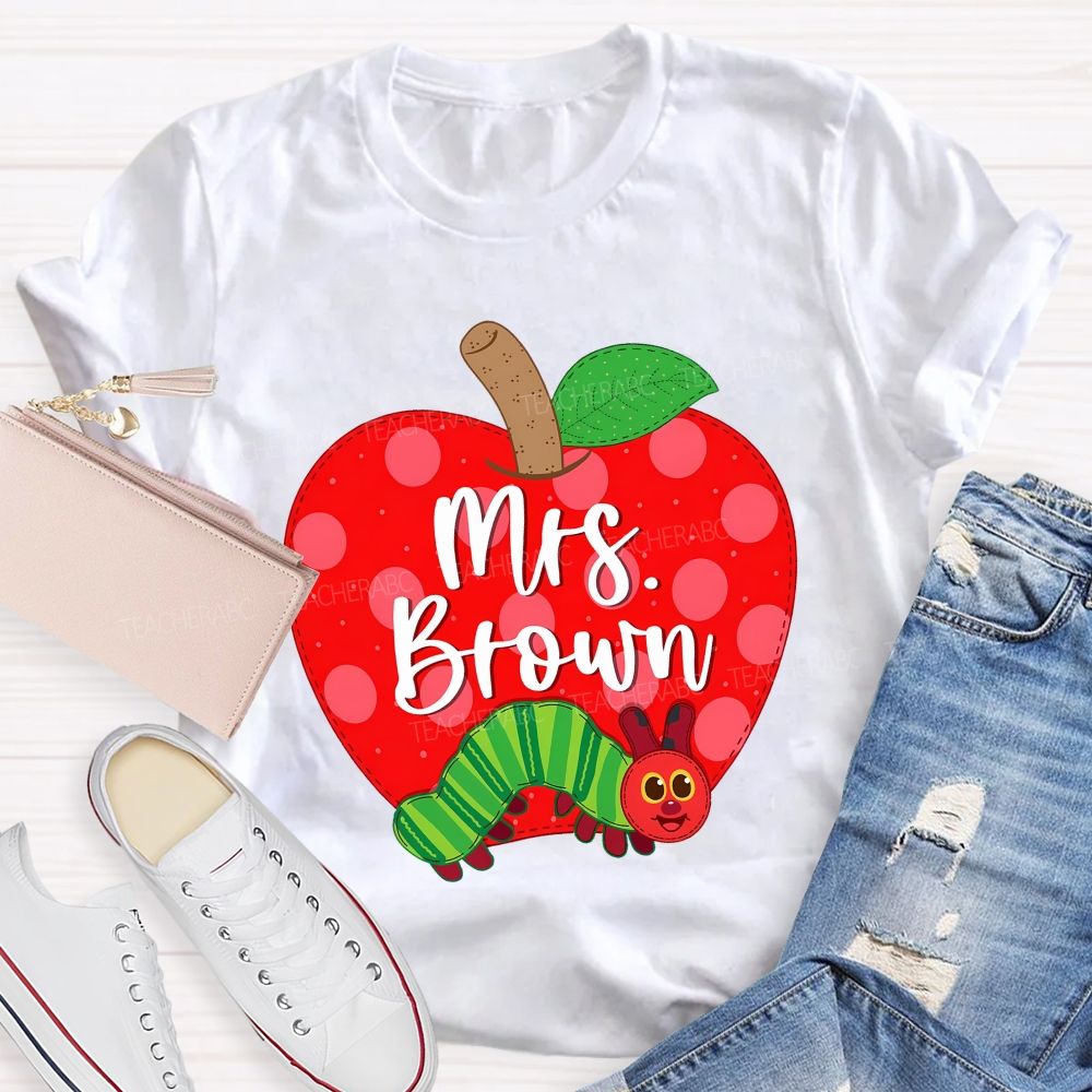 Personalized Name  Apple Caterpillar Graphics  Teacher T-shirt