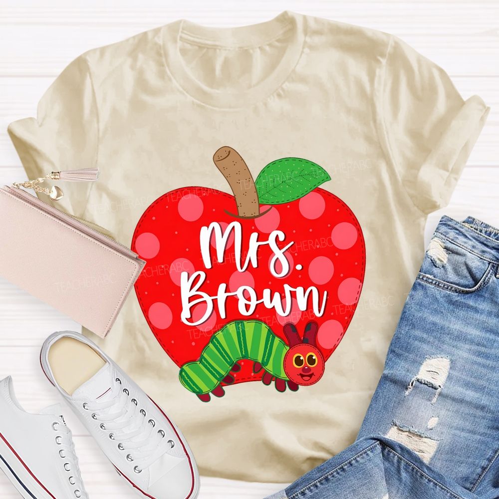 Personalized Name  Apple Caterpillar Graphics  Teacher T-shirt
