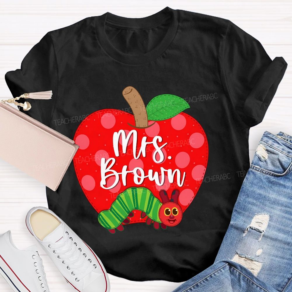 Personalized Name  Apple Caterpillar Graphics  Teacher T-shirt