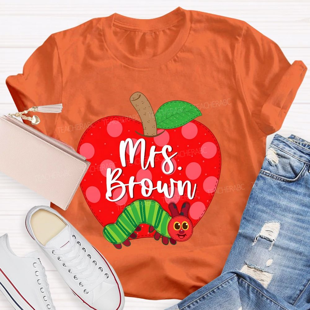 Personalized Name  Apple Caterpillar Graphics  Teacher T-shirt