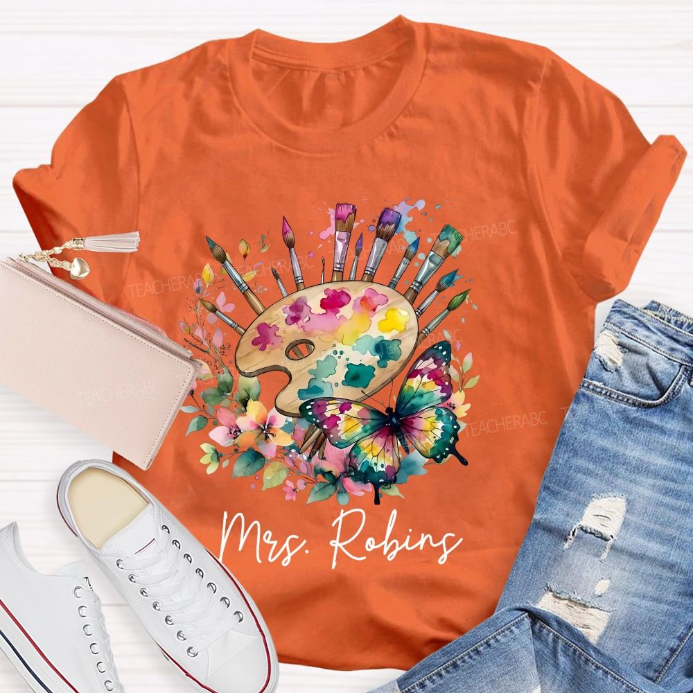 Personalized Name   Watercolor Butterfly Art  Teacher T-shirt