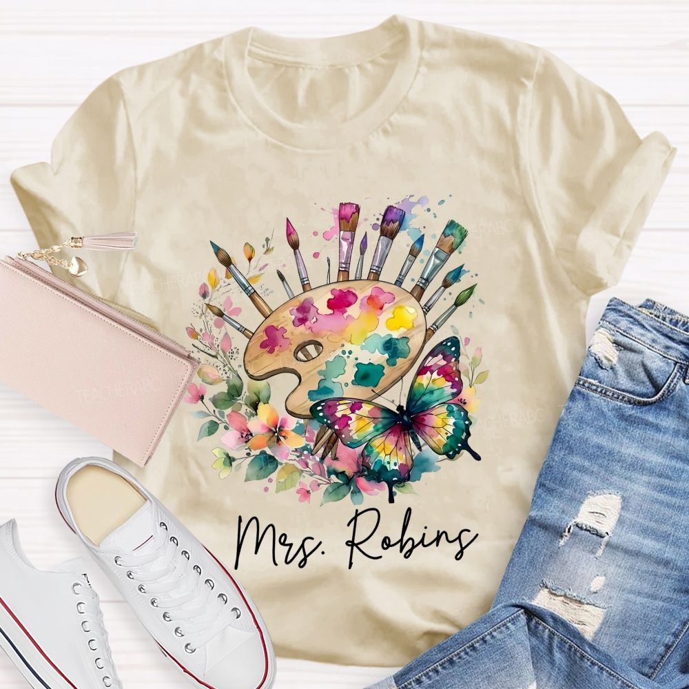 Personalized Name   Watercolor Butterfly Art  Teacher T-shirt
