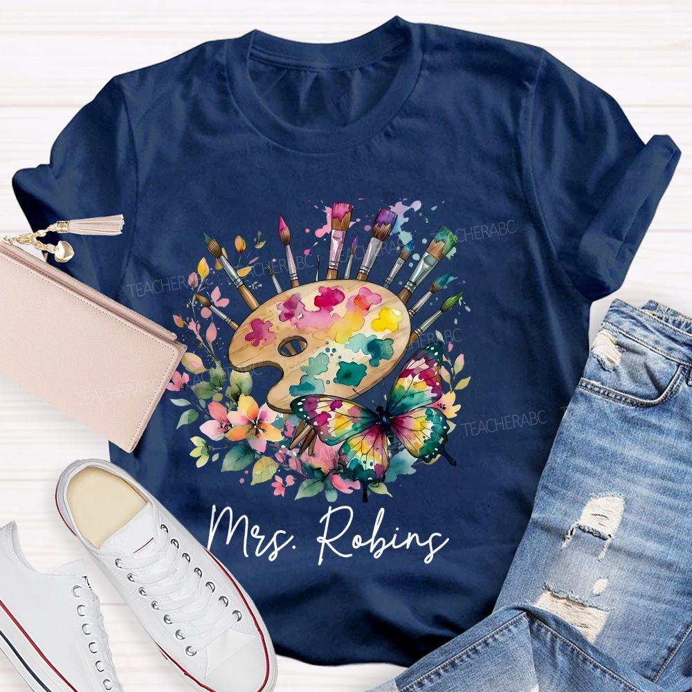 Personalized Name   Watercolor Butterfly Art  Teacher T-shirt