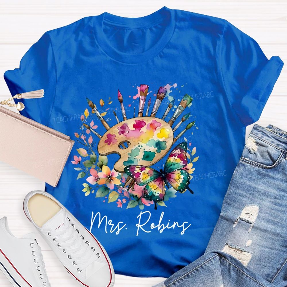Personalized Name   Watercolor Butterfly Art  Teacher T-shirt