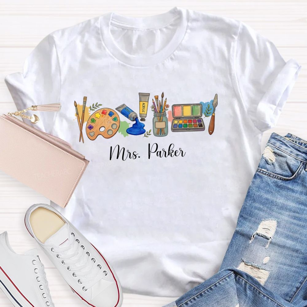 Personalized Name   Art Supplies Patterns  Teacher T-shirt