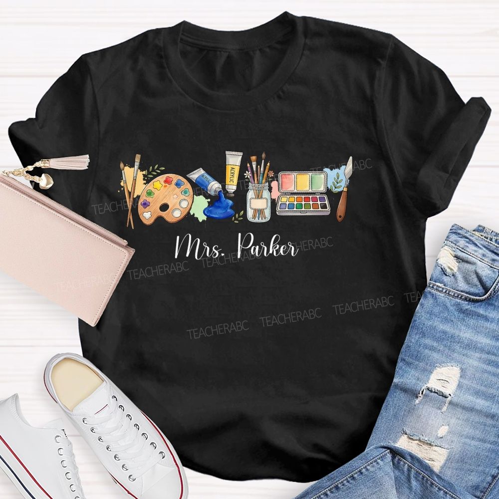 Personalized Name   Art Supplies Patterns  Teacher T-shirt