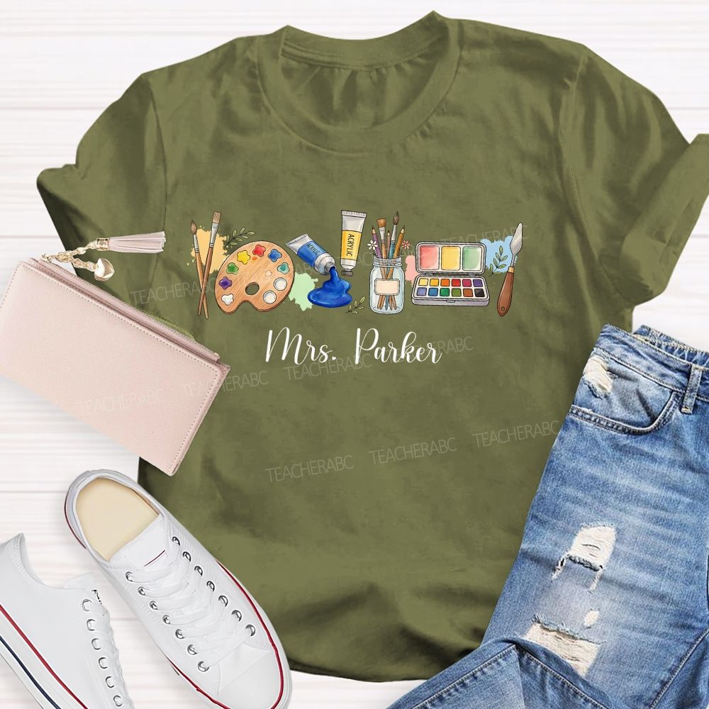 Personalized Name   Art Supplies Patterns  Teacher T-shirt