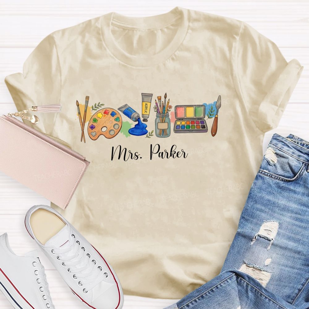 Personalized Name   Art Supplies Patterns  Teacher T-shirt