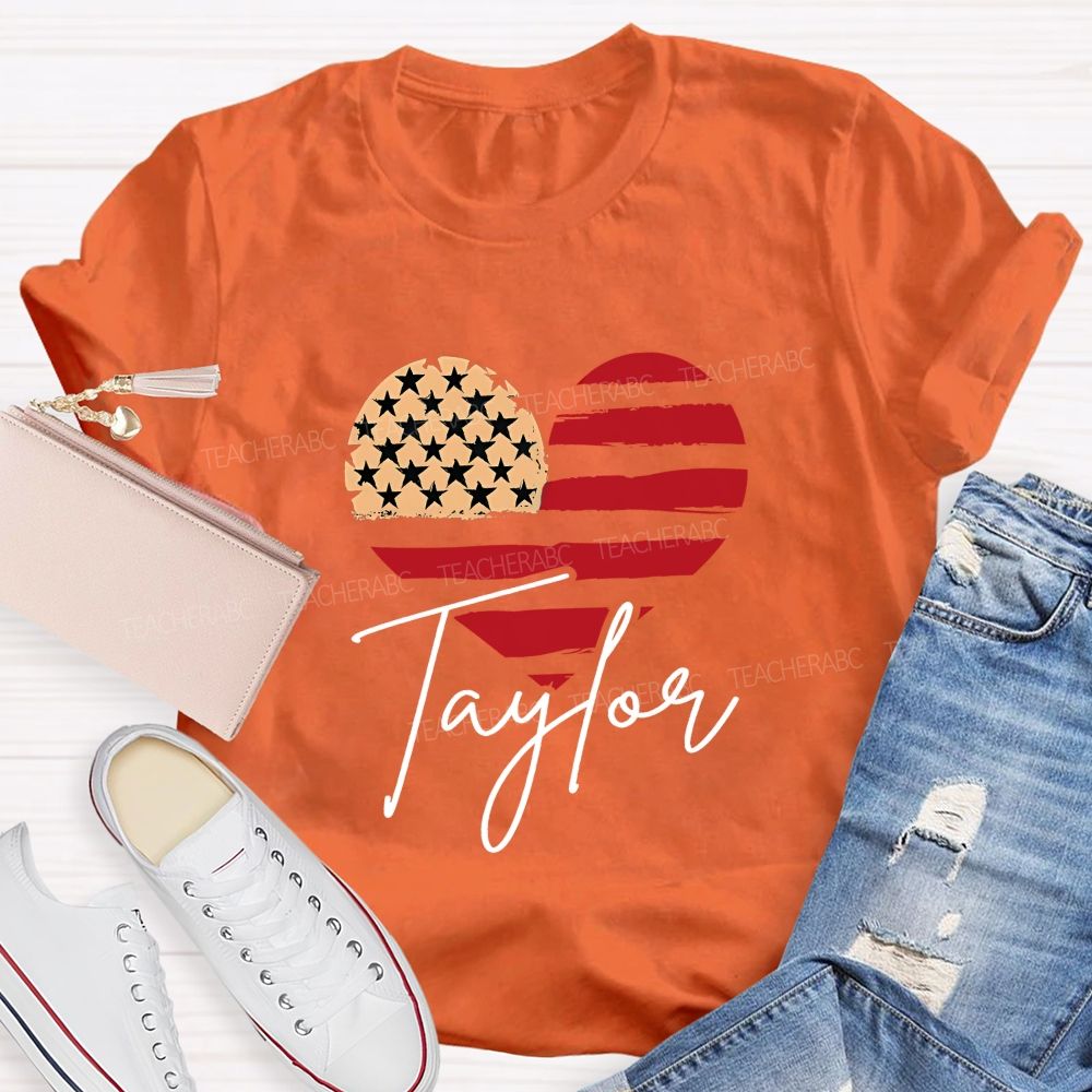 Personalized Name Brushstroke American Flag Heart Teacher T-shirt