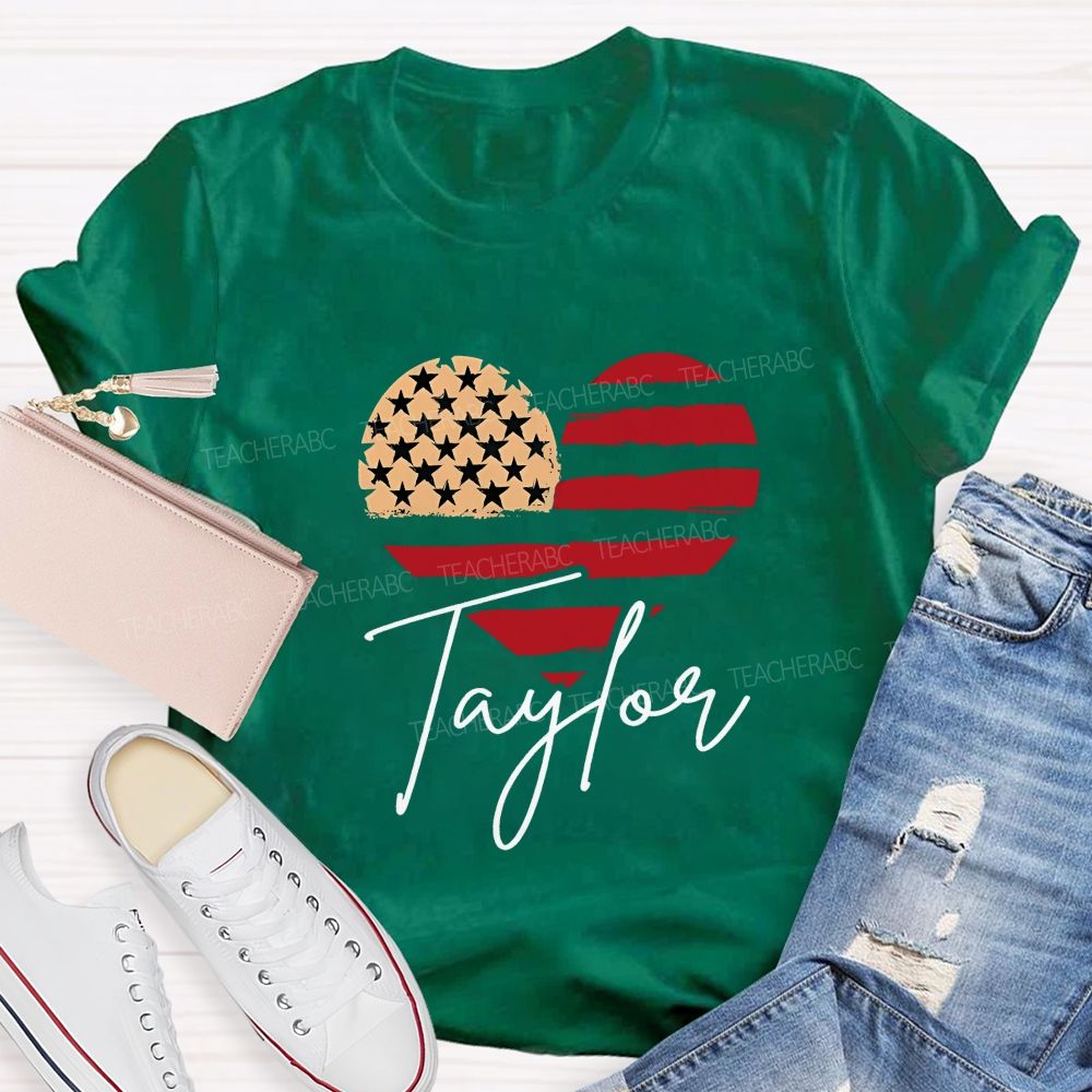 Personalized Name Brushstroke American Flag Heart Teacher T-shirt