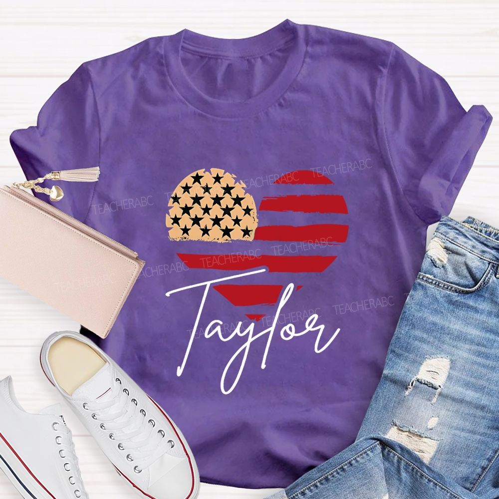 Personalized Name Brushstroke American Flag Heart Teacher T-shirt