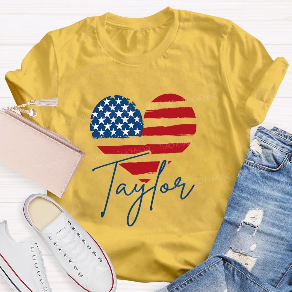 Personalized Name Brushstroke American Flag Heart Teacher T-shirt