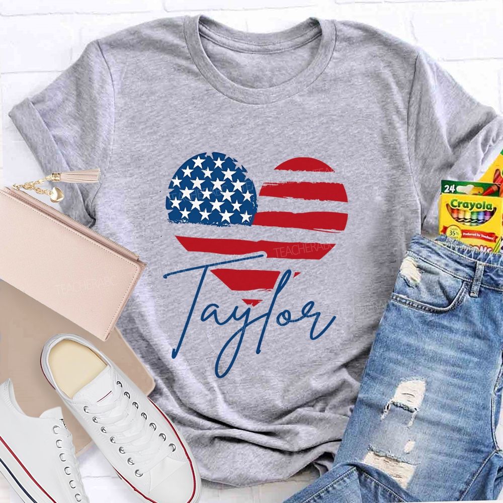 Personalized Name Brushstroke American Flag Heart Teacher T-shirt