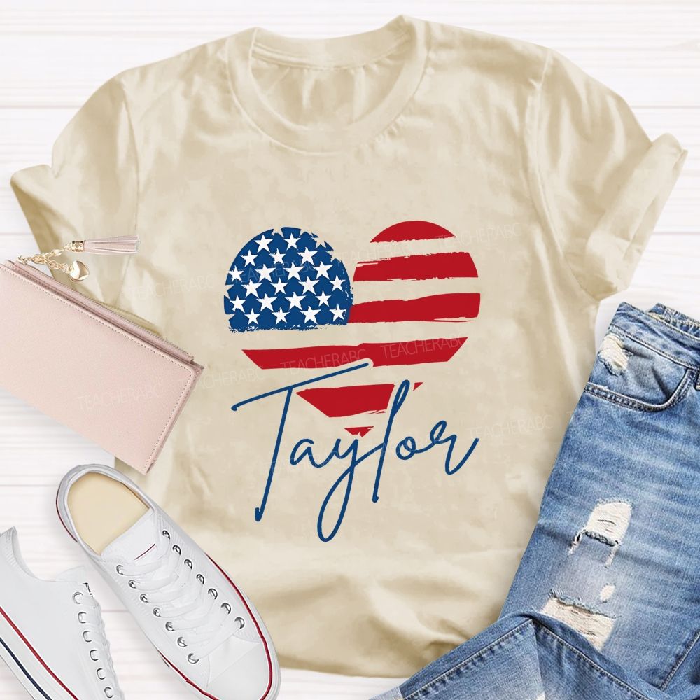 Personalized Name Brushstroke American Flag Heart Teacher T-shirt