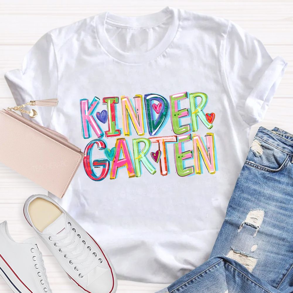 Personalized Grade Kindergarten Colored Fonts Teacher T-shirt