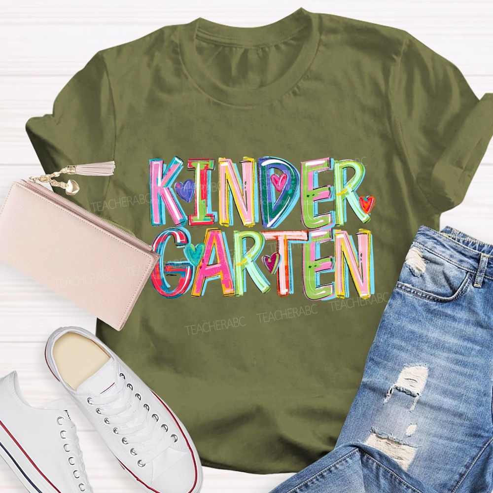 Personalized Grade Kindergarten Colored Fonts Teacher T-shirt