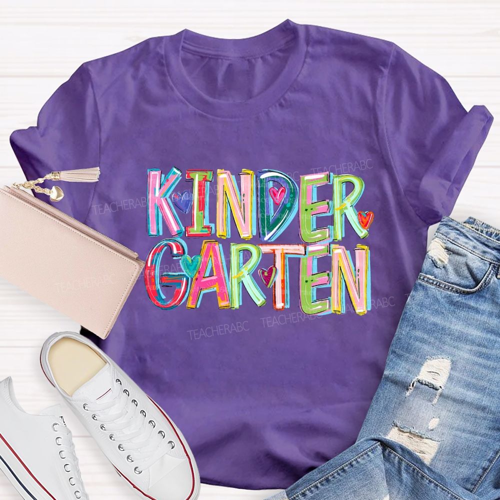 Personalized Grade Kindergarten Colored Fonts Teacher T-shirt