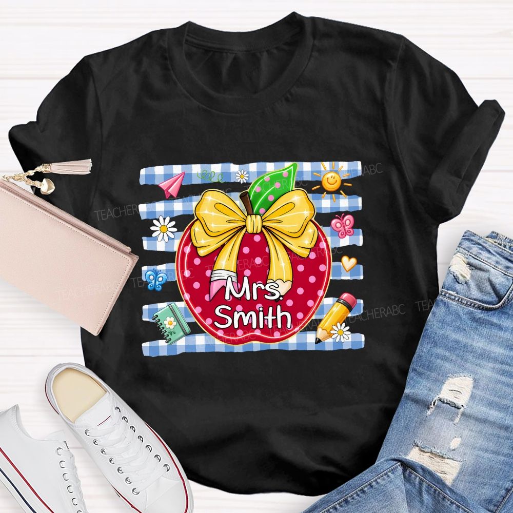 Personalized Name Polka Dot Apple And Bow Teacher T-shirt