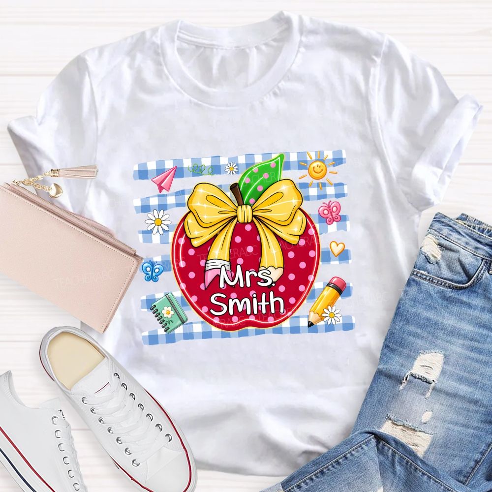 Personalized Name Polka Dot Apple And Bow Teacher T-shirt