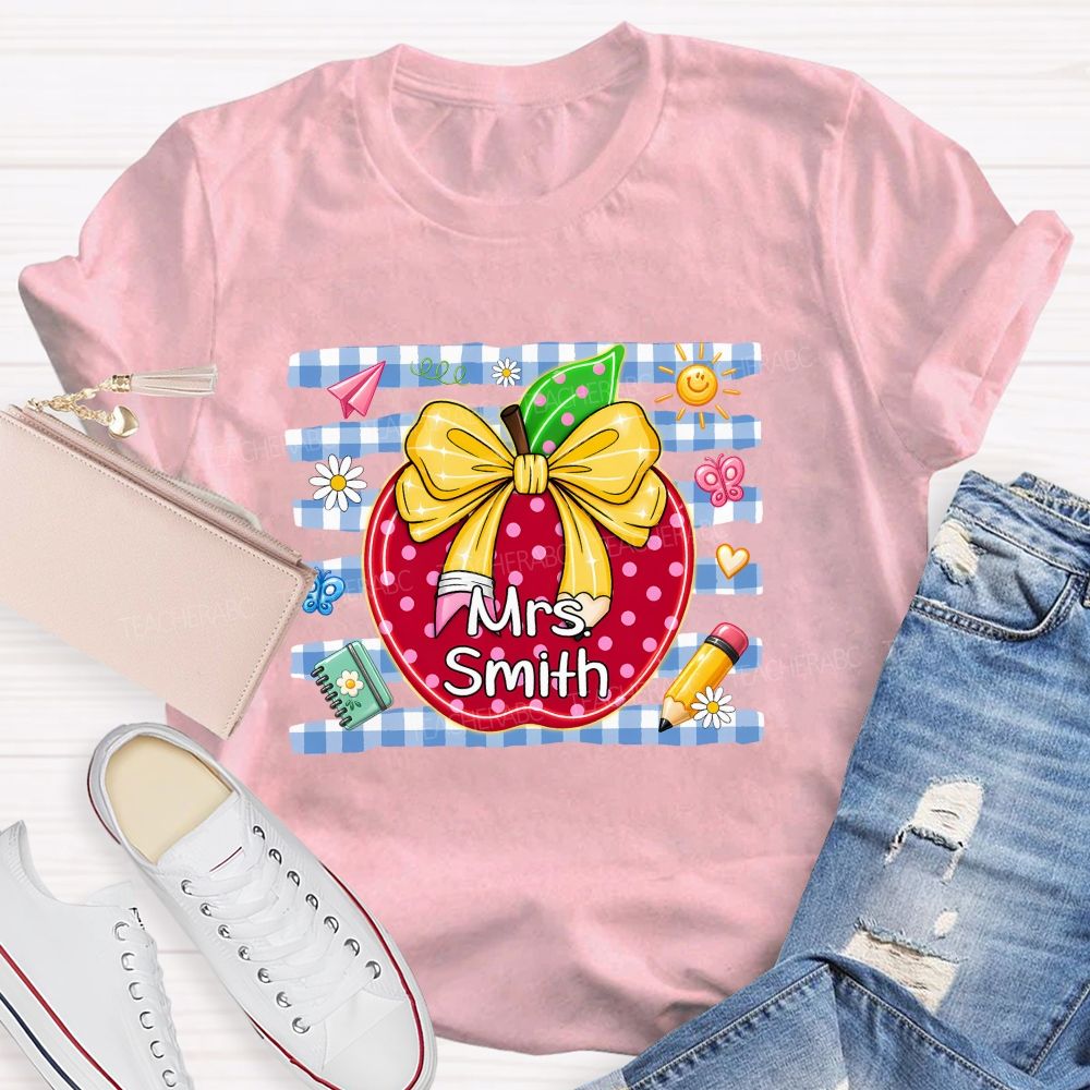 Personalized Name Polka Dot Apple And Bow Teacher T-shirt