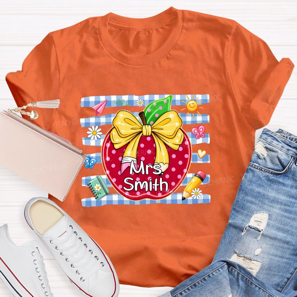Personalized Name Polka Dot Apple And Bow Teacher T-shirt