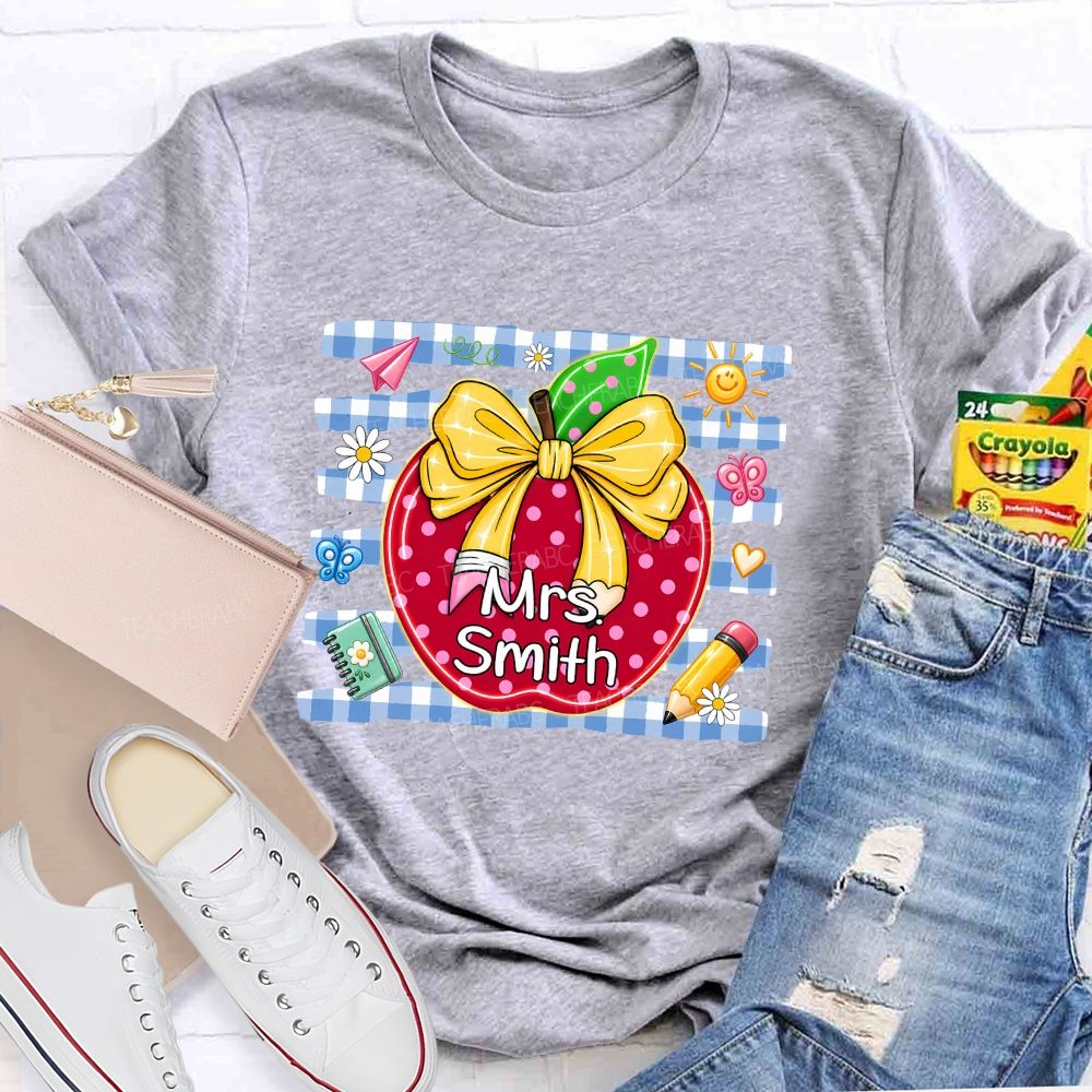 Personalized Name Polka Dot Apple And Bow Teacher T-shirt