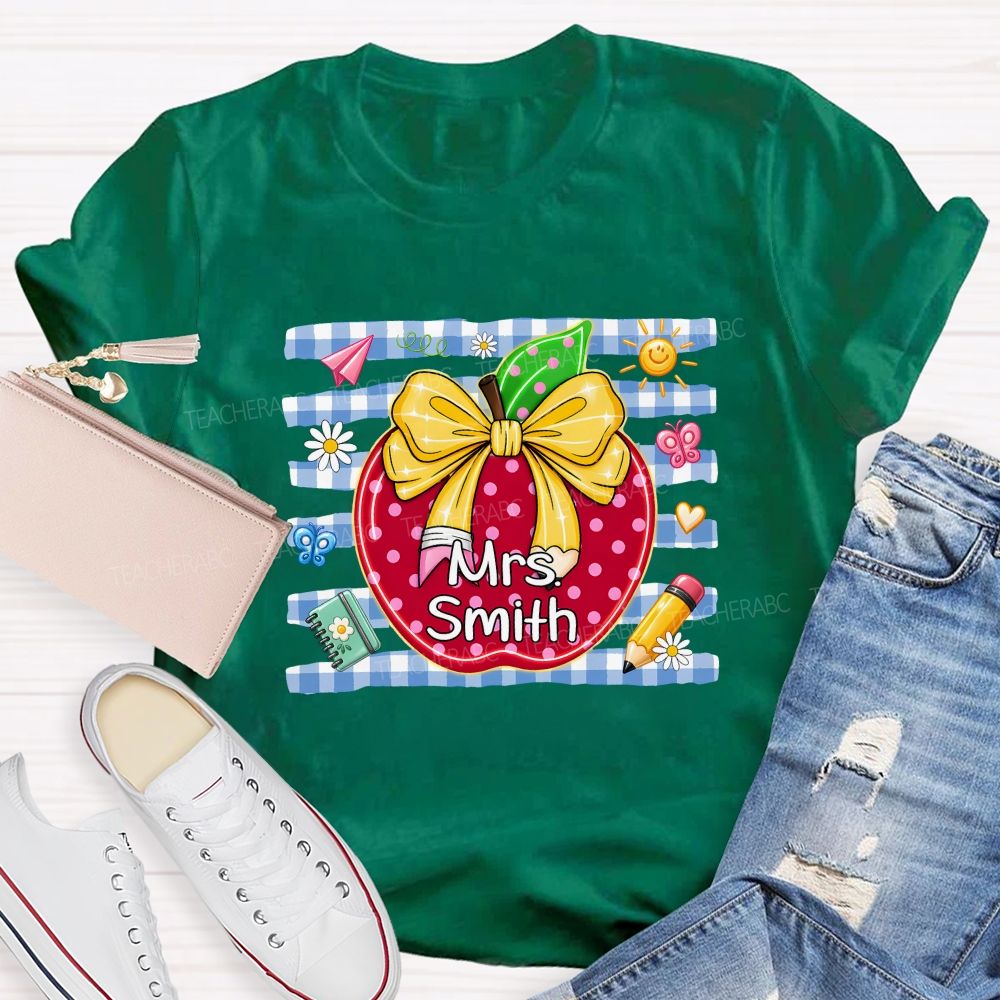 Personalized Name Polka Dot Apple And Bow Teacher T-shirt