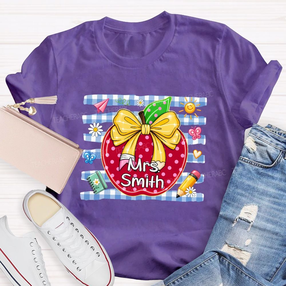 Personalized Name Polka Dot Apple And Bow Teacher T-shirt