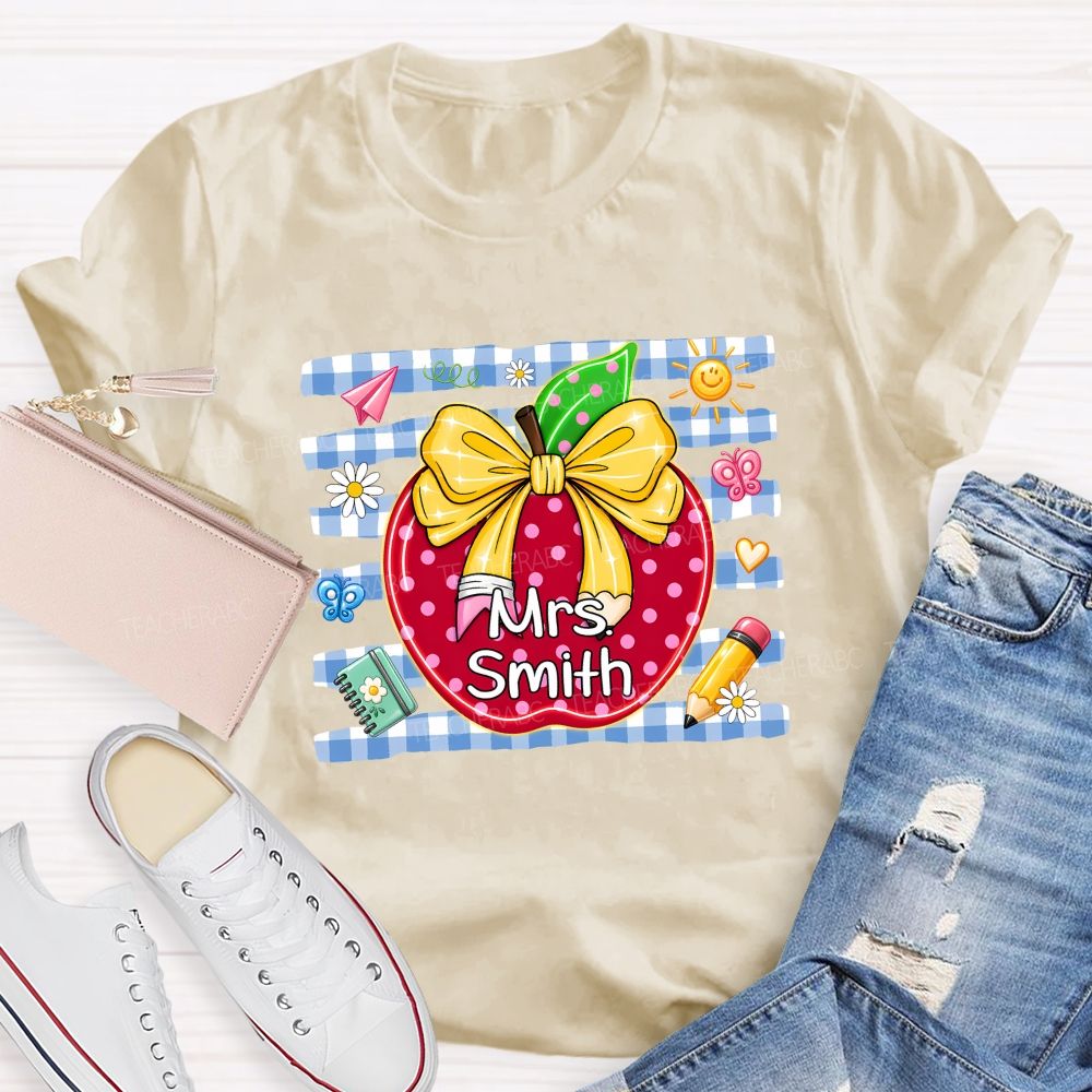 Personalized Name Polka Dot Apple And Bow Teacher T-shirt