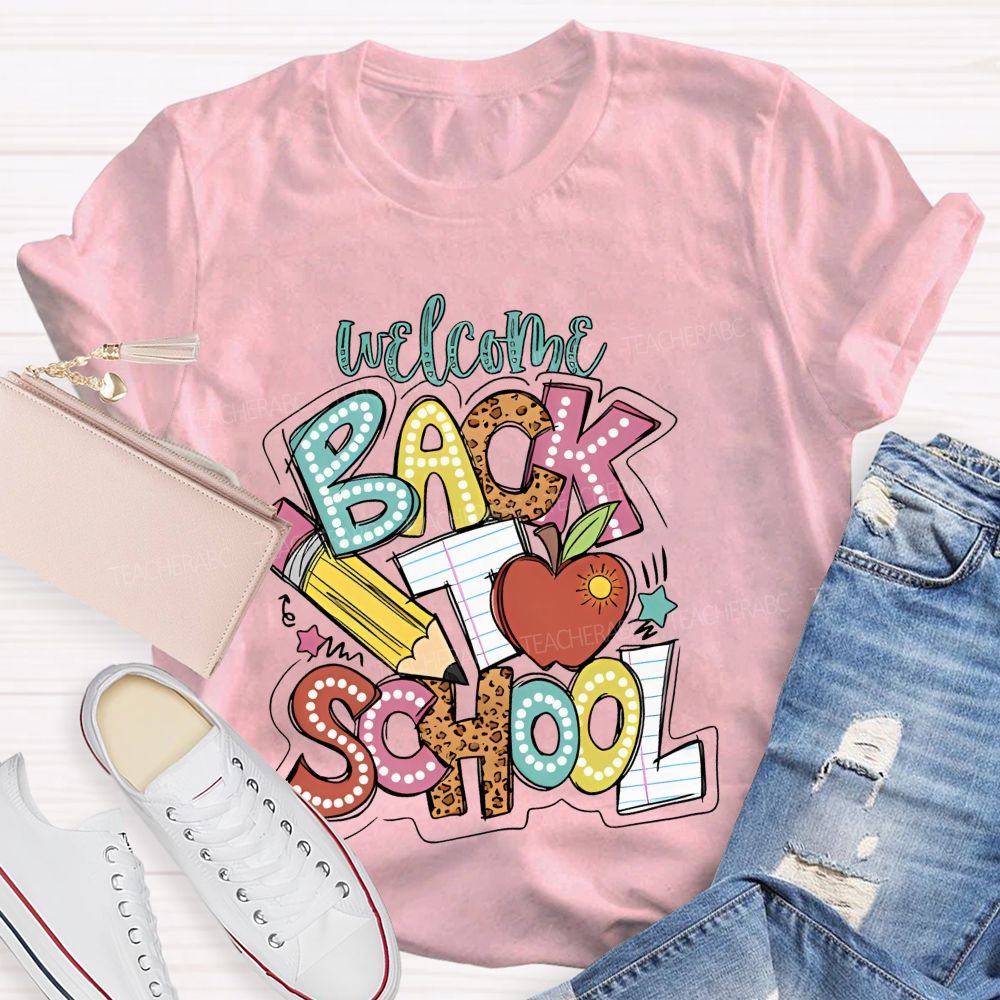 Welcome Back To School Pencil Leopard Print Letters Graphic  Teacher T-shirt